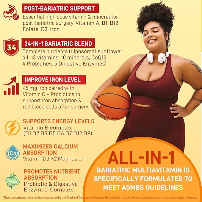 Liposomal Methylated Bariatric Multivitamin Gummies with Iron for Women & Men, High Absorption Multivitamin w/CoQ 10, Probiotic, Digestive Enzymes Support Gastric Bypass & Sleeve Recover, Energy,1Pack