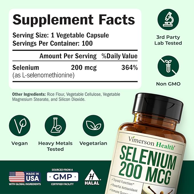 Selenium 200 mcg Capsules – High-Potency Selenium Supplement for Thyroid, Antioxidant & Immune Support – Highly Bioavailable L-Selenomethionine Essential Mineral Supplements – Vegan, 100 Capsules