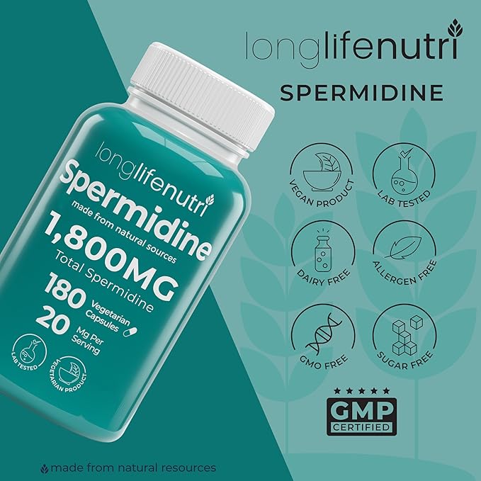 LongLifeNutri Spermidine 20mg, Supports Cellular Health & Brain Function - 180 Count, 2 Serving Size, Vegan Capsules, Wheat Germ Extract, Naturally Support Wellness, Lab Tested, Crafted in USA