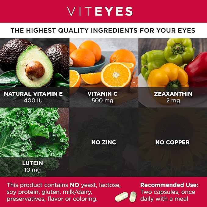Viteyes AREDS 2 Zinc Free Macular Support, Natural Allergen Free Capsules with Vitamin E, Vitamin C, Lutein & Zeaxanthin, No Zinc, No Copper, Eye Doctor Trusted, Manufactured in the USA, 60 Ct
