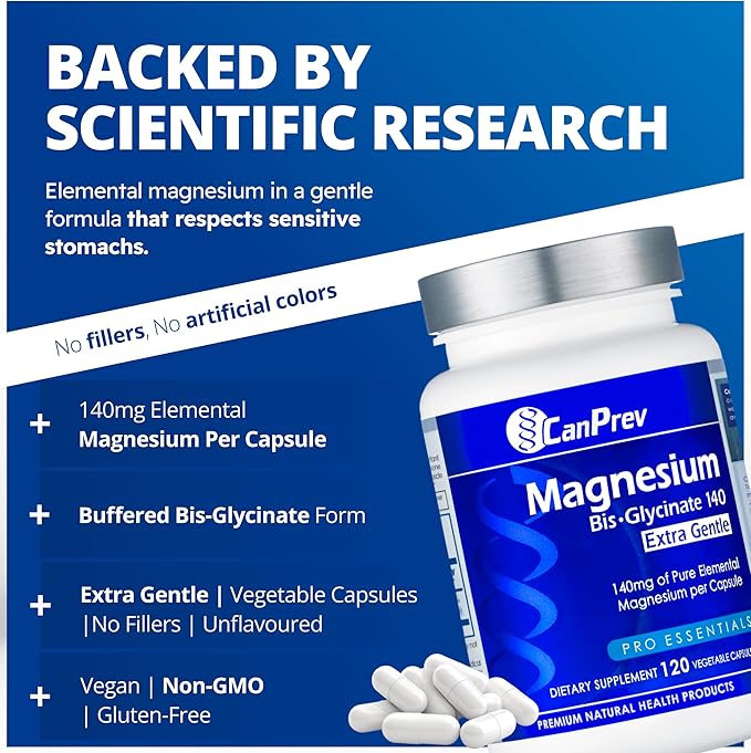 CanPrev Magnesium BisGlycinate Extra Gentle 140mg, 120 v-Caps 120-Day Supply - Pure Elemental Magnesium Supplement, Support Bone & Muscle Function, Gentle on Stomach, Perfect for Daily Magnesium Needs