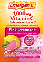 Emergen-C 1000mg Vitamin C Immune Support Powder Pink Lemonade 30CT includes Zinc, Manganese, 7 B Vitamins and Electrolytes for Back to School Essentials
