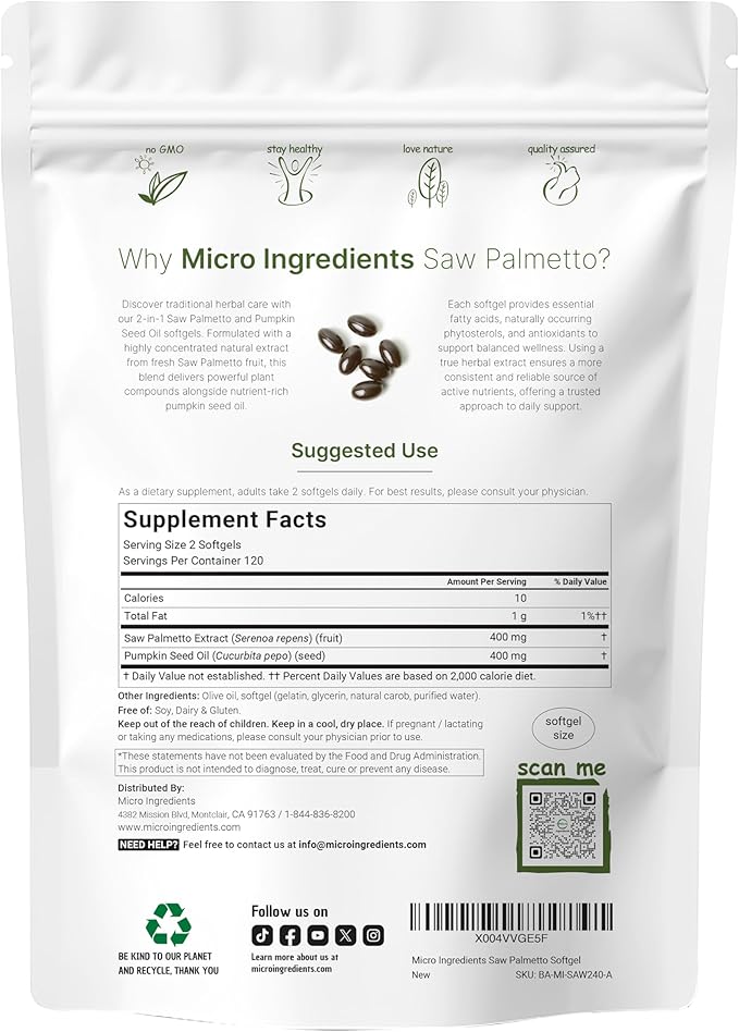 Micro Ingredients Saw Palmetto with Pumpkin Seed Oil for Men, 240 Softgels| Cold-Pressed Extract | Virgin Oil Formula | Rich in Essential Fatty Acids & Phytosterols | Non-GMO, Gluten & Soy Free