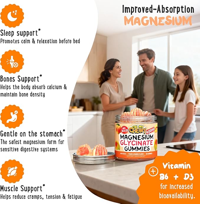 Center-Filled Magnesium Glycinate Gummies 400MG - High Absorption for Kids, Teens & Adults - Supplement for Sleep, Calm & Muscle Relaxation with B6 & D3 - Gluten Free & Vegan Friendly - 120 Count