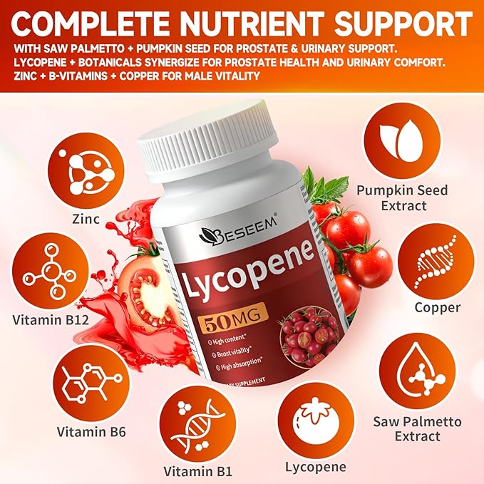 Men‘s Lycopene Softgels with Saw Palmetto & Pumpkin Seed Oil – Prostate Health Support & Nutrient Complex with Zinc, Vitamin B6, B12, Copper – 60 Capsules