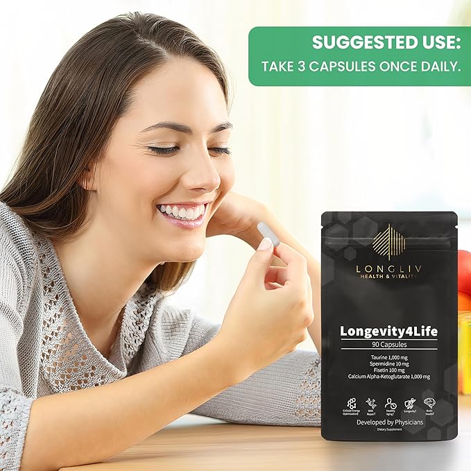 Longevity4Life - Ultimate Cellular Health Supplement - Fisetin, Taurine, Calcium Alpha-Ketoglutarate, and Spermidine Capsules for Longevity and Vitality - Made in USA - Physician Formulated
