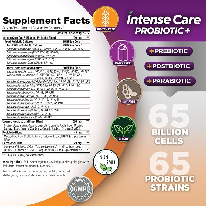 Vital Planet - Intense Care Gas & Bloating Probiotics Plus Organic Prebiotics, Postbiotics, Parabiotics, Complete 4-in-1 Supplement for Adults, 65 Billion CFU, 65 Strains, Digestive and Immune 30 ct