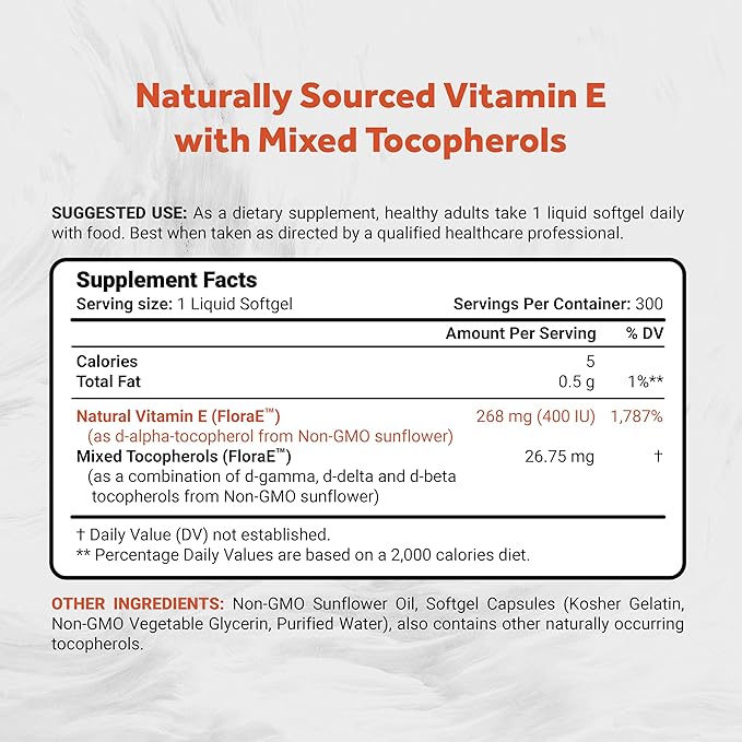 Naturalis Sunflower Vitamin E 268mg (400 IU) with Mixed Tocopherols | Essential Skin Vitamin & Immune Support | Non-GMO, Soy & Gluten Free | 300 Softgels