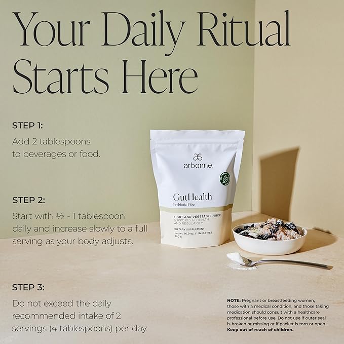 GutHealth Prebiotic Fiber – 12g Soluble Fiber including Inulin for gastrointestinal health, Regularity, Satiety, and Daily Gut Wellness; Easy to Mix Into Drinks or Food, 30 servings, by Arbonne.