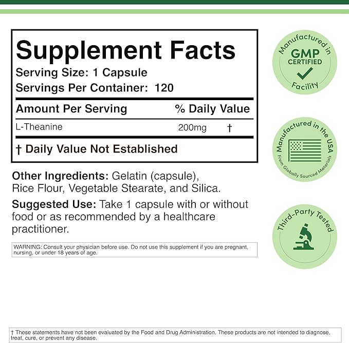 L-Theanine 200mg Double Strength - Supports Health Sleep Response and Relaxation - 120 Capsules (Third Party Tested, Gluten Free, Vegan) by Double Wood (Pack of 2)