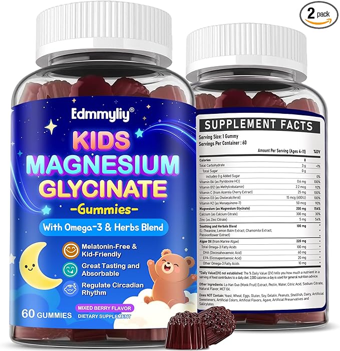 Kids Magnesium Glycinate Gummies - Magnesium Glycinate Supplement 200mg with L-theanine Omega-3 Calcium Vitamin D3 & B12 for Kids Natural Zzz at Bedtime & Overall Health - Sugar Free & Non-GMO