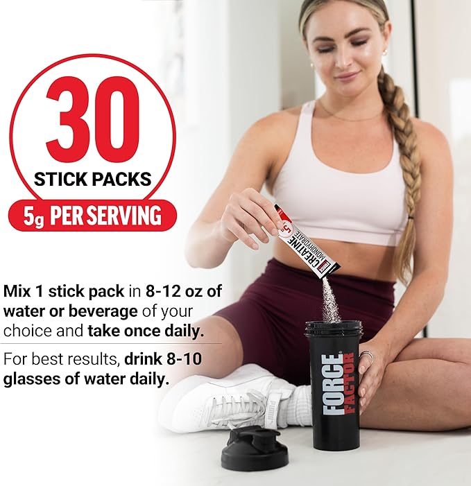Force Factor Creatine Monohydrate, 5g Micronized Creatine Powder for Muscle Strength, Performance, Recovery and Cognitive Support, On The Go Single Serve Travel Packs, Unflavored, 30 Packets