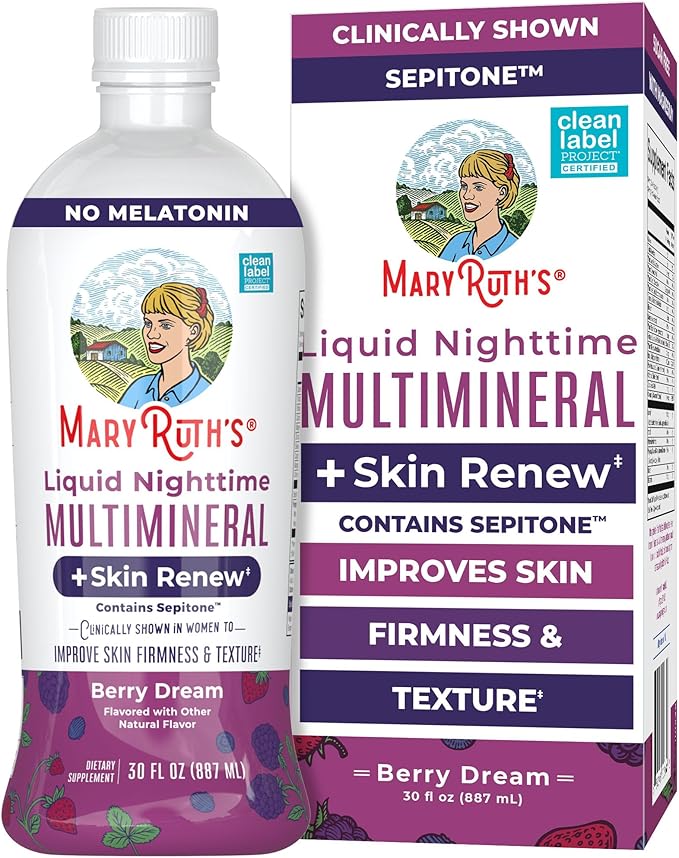 MaryRuth's Liquid Nighttime Liquid Multimineral + Skin Renew | Clinically Shown in Women to Reduce Fine Wrinkle & Improve Skin Firmness | Sepitone | NO Melatonin | Magnesium | Vegan | 30 Servings