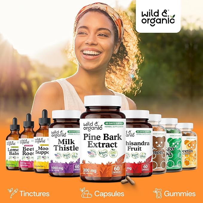 Wild & Organic Pine Bark Extract Capsules 300 mg - Antioxidant Support - 95% Proanthocyanidins - 60 Capsules - French Maritime Pine Bark Extract - 2-Month Supply - Pinus Maritima - Vegan, Non-GMO