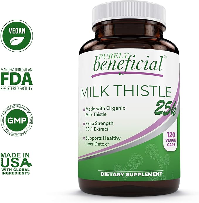PURELY beneficial Organic Milk Thistle Capsules, 50:1 Milk Thistle Extract, Liver Cleanse & Antioxidant Support, 120 Veg Capsules, Vegan & Non-GMO