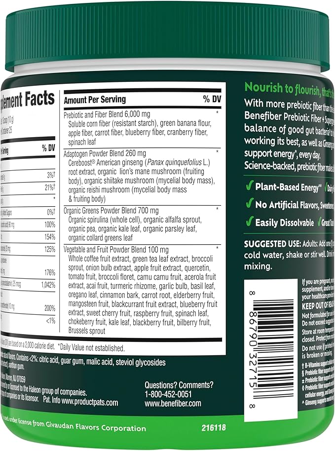 Benefiber Prebiotic GLP-1 Friendly Fiber + Supergreens Dietary Supplement Powder, Watermelon Lemonade Flavor, 8.8 oz (250g)