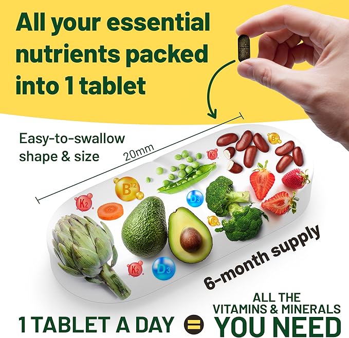 Vegan Vitality Multivitamins & Minerals for Women and Men with High Strength Vitamin B12, D3 & K2. 180 Vegan Multivitamin Tablets - 6 Months Supply. Vitamins for Vegans. Women Multivitamin