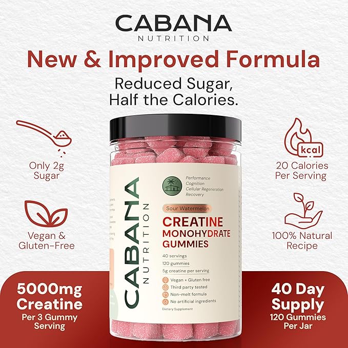 Creatine Monohydrate Gummies 5g - Watermelon Flavored Creatine for Women and Men - Supplement Supports Muscle Gain, Energy, Pre and Post Workout, Focus & Cognition, Recovery (120 count, 40 servings)