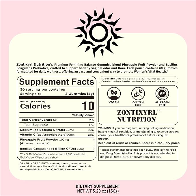 Premium Feminine Balance Gummies Women - Pineapple Gummies for Women pH Probiotic and Immune Support Vegan Gluten Free 60 Gummies 30 Servings