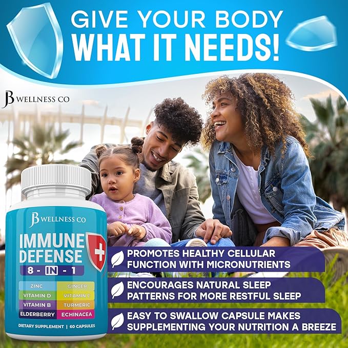 JB Wellness Co Immune Support 8 in 1 Capsules - Zinc Supplement, Vitamin D3, Vitamin C and Elderberry - Immune Booster with Echinacea, Ginger Root, and Turmeric - [2-Pack]