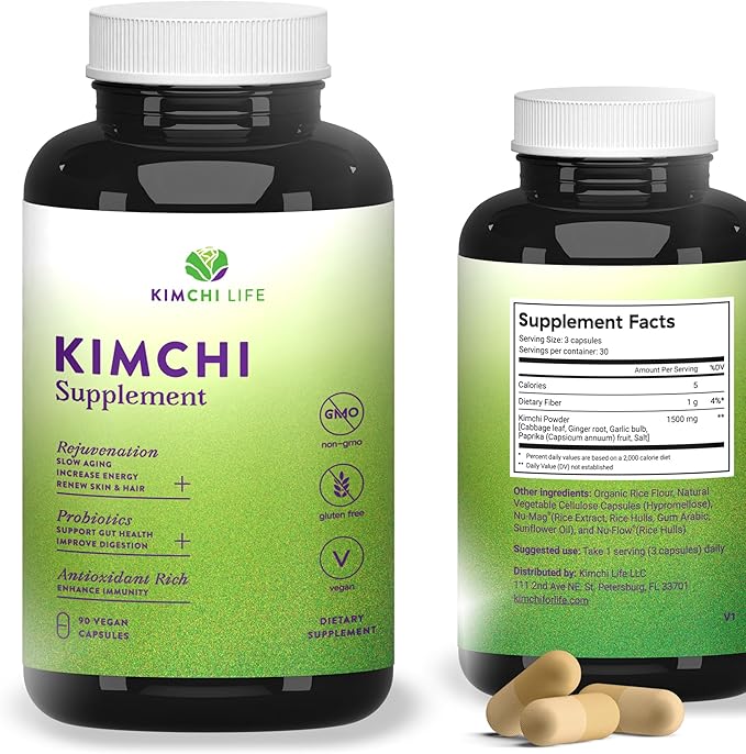 – Daily Capsules of Premium Fermented Kimchi - Vegan & Natural Nutritional Supplement - Probiotics for Gut Health & Immune Support – Enhance Energy, Focus, Skin and Hair Health