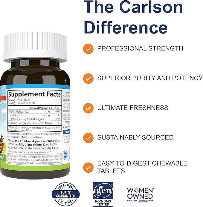 Carlson - Kid's Chewable Iron, 15 mg, Superior Absorption, Blood Health, Energy Production & Optimal Wellness, Natural Strawberry Flavor, 60 Tablets