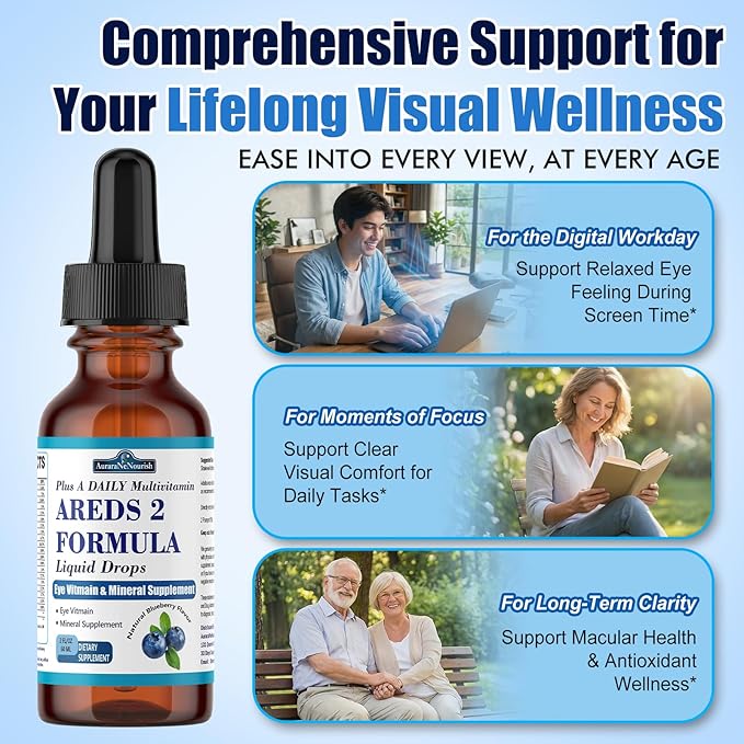 AREDS 2 + Formula Liquid Drops for Macular Health, 22-in-1 Eye Vitamin & Mineral Supplement w. Lutein and Zeaxanthin, Copper, Zinc, Vitamin C, E | Support Vision, Immune & Vitality | Vegan, Non-GMO