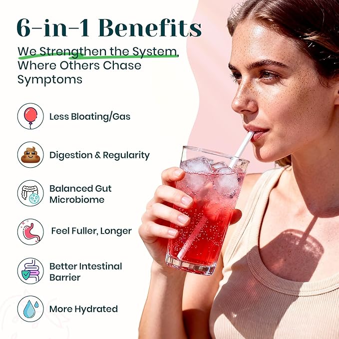 6-in-1 Daily Fiber Powder Supplement, Premium Acacia Fiber for Digestive & Gut Health, Sugar Free, GLP-1 Friendly Fiber Powder with Prebiotic, Probiotics, Collagen Peptides & Electrolytes - For Women