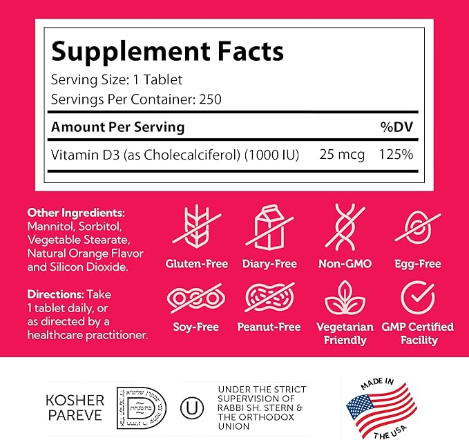 Zahler Junior D3 Vitamins 1000 IU - Chewable Vitamin D3 for Kids to Support Bone, Teeth & Immune Health - Kosher Kids Orange Flavor - 250 Count.
