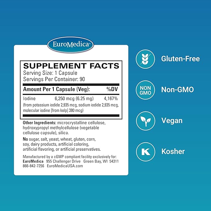 EuroMedica Tri-Iodine - Support Thyroid Health - Aids Hormone Balance with Molecular Iodine from Kelp - Features Potassium Iodide & Sodium Iodide - Brain & Energy Support - 6.25mg, 90 Capsules