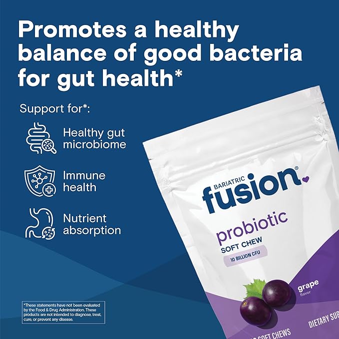 Bariatric Fusion Probiotic Soft Chews | Grape Flavor Chewy Bariatric Vitamin | 10 Billion CFU | Bacillus Coagulans | Support Digestive & Immune Health | 60 Count