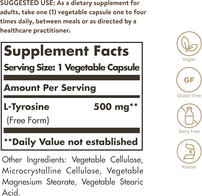 Solgar L-Tyrosine 500 mg, 100 Vegetable Capsules - Brain & Nervous System Support - Vegan, Gluten Free, Dairy Free, Kosher - 100 Servings,Standard Packaging