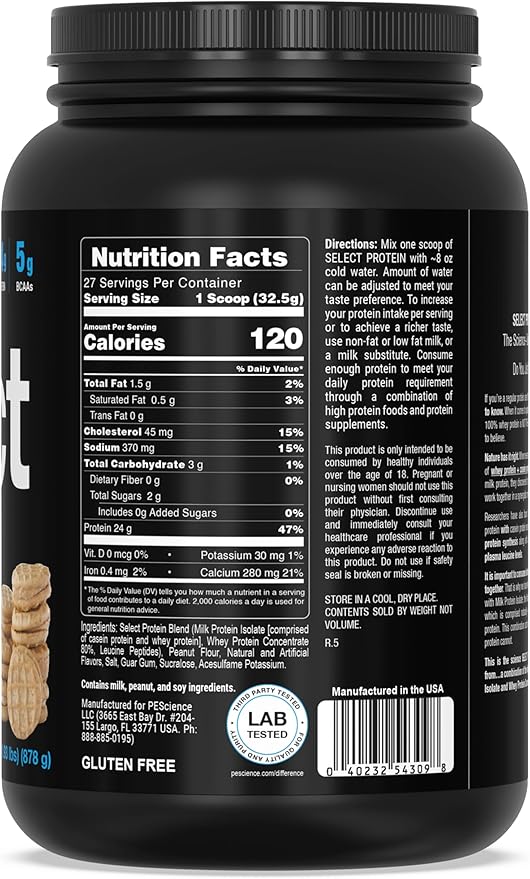 PEScience Select Protein Powder, Whey and Casein Blend, Lean Protein Powder for Women and Men, Low Calorie, Low Carb, Keto Friendly, Gluten Free, Peanut Butter Cookie - 27 Servings
