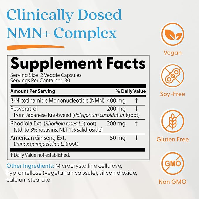 Doctor's Best NMN+ Complex Supplement Capsules for Women & Men - Supports NAD+ Production, Resveratrol 100mg & Beta Nicotinamide Mononucleotide 200mg per Capsule, Cellular Energy Support - 60 Veg Caps