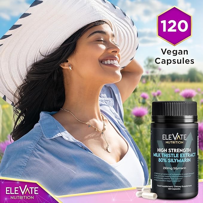 ELEVATE NUTRITION Milk Thistle - 288 mg, 80% Silymarin Extract - 120 Vegan Capsules - Dietary Health Supplement - Helps Maintain Liver Function & Digestive Comfort