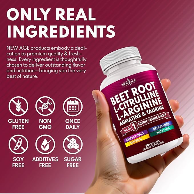NEW AGE Beet Root Capsules - L Arginine, L Citrulline, Nitric Oxide, Beetroot Powder, Arginine, Citrulline Supplement – 270 Vegan Capsules