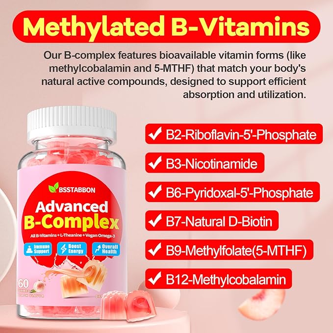 Organic Methylated Vitamin B Gummies: Natural Complex Supplement with B1 B2 B3 B5 B6 B7 B9 B12 Plus D3 Zinc Magnesium Ashwagandha Omega3 - Energy Support for Work Adults Women Men(120Count)