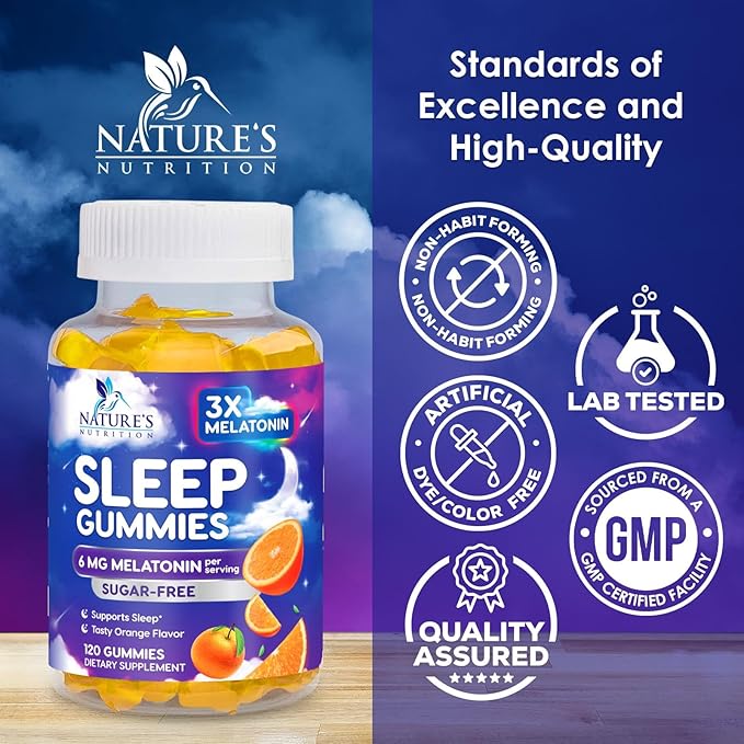 Melatonin Sleep Gummies - 6mg Per Serving - Sugar-Free Sleep Support Melatonin Gummy for Adults - Extra Strength Sleeping Gummy Supplement - Supports Restful Sleep - Tasty Orange Flavor - 120 Gummies