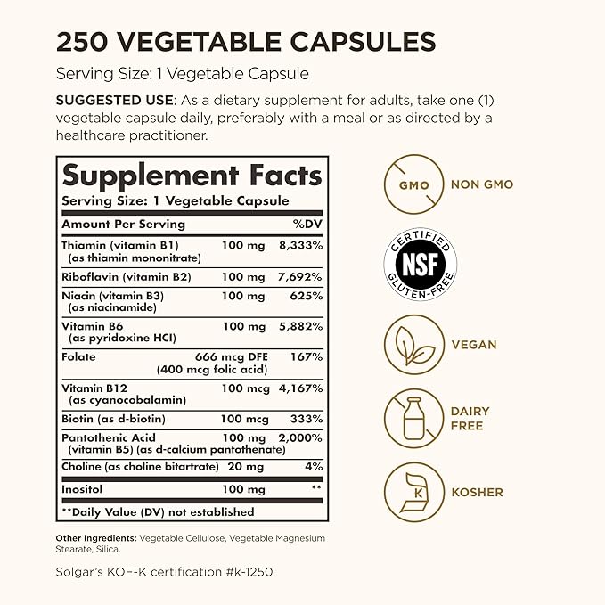 Solgar B-Complex 100",250 Vegetable Capsules - Nervous System Support - Supports Energy Metabolism - Non-GMO,Vegan,Gluten Free,Dairy Free,Kosher - 250 Servings,(Pack of 2)