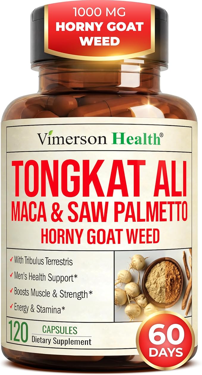 HornyGoatWeed for Men (1000mg per Serving) – Male Enhancing Supplement w/ Maca Root, Tongkat Ali, Saw Palmetto, Panax Ginseng, Tribulus Terrestris & L-Arginine for Energy, Drive & Strength, 120 Count