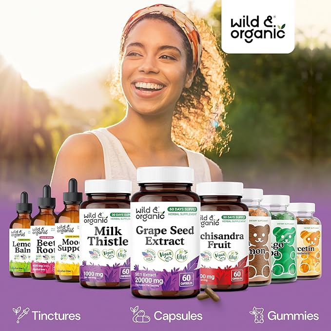 Wild & Organic Grape Seed Extract Capsules - Antioxidant Support - Grapeseed Extract 400 mg - 95% Polyphenols - 2 Month Supply - 60 Vegan Capsules - Non-GMO