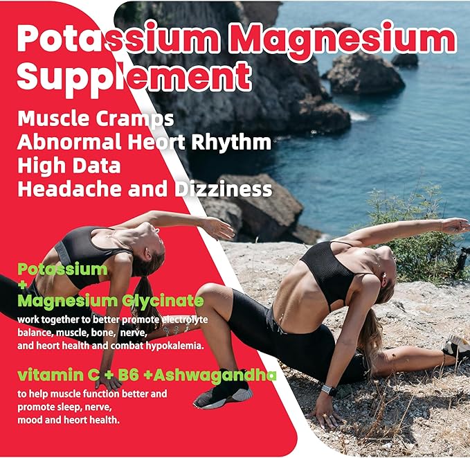 Potassium Magnesium Gummies,Potassium Supplement w/Ashwagandha,High Absorption Magnesium Glycinate,B6,D3,Potassium Citrate,Electroyte for Adults Kids,Sugar-Free, 120 Strawberry Chews