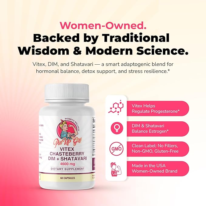 Pin Up Girl Vitex Chasteberry + DIM & Shatavari – Hormonal Balance Supplement for Women – Supports Hormonal Balance, Cycle Health & Reproductive Wellness – 4600mg - 60 Capsules (2-Pack)