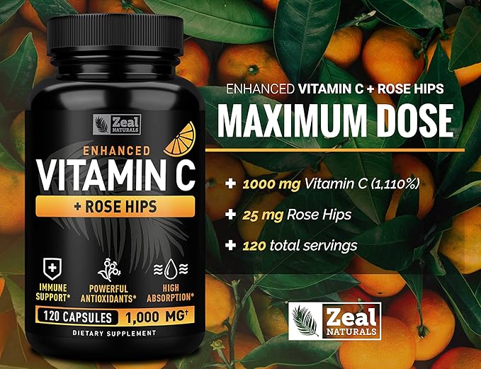 Vitamin C with Rose Hips 1000mg - Pure Ascorbic Acid Supplement - High Dose Vitamin C Capsules for Immune Support - 120 Count