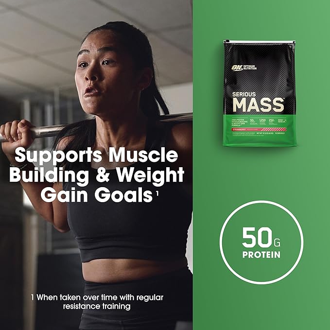 Optimum Nutrition Serious Mass, Weight Gainer Protein Powder, Mass Gainer, Vitamin C and Zinc for Immune Support, Creatine, Strawberry, 12 Pound (Packaging May Vary)