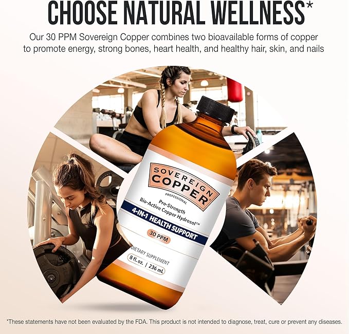 Sovereign Copper Pro-Strength Bio-Active Copper Hydrosol - Bioavailable Liquid Supplement for Adults & Kids w/Silver Hydrosol for Hair, Skin, & Nails, 30ppm - 8 fl oz (237mL)