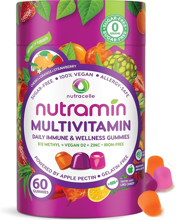 NUTRAMIN Daily Vegan Keto Multivitamin Gummies Non-GMO Natural Vitamin C D + Zinc for Immunity, Plant-Based, Sugar-Free, Nut-Free, Gluten-Free, Biotin, Vitamin A, B, B6, B12 60 Ct, 30 Days (60 Count)