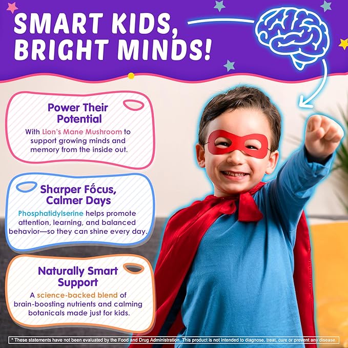 Kid Focus Gummies, Lion's Mane Mushroom Gummies for Kid Brain - Methyl B6, B9, B12 + Super Greens - Focus and Attention Supplements, Cognitive Function & Energy & Vision Support - 60 Vegan Gummies