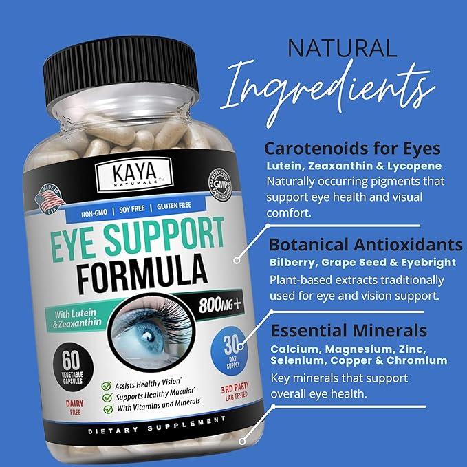 Kaya Naturals Eye Health Supplement - Lutein & Zeaxanthin - Supports Eye Strain, Dry Eyes, and Vision Health - Clinically Proven Ingredients 800mg Vitamin Supplement - 60 Count (Pack of 2)
