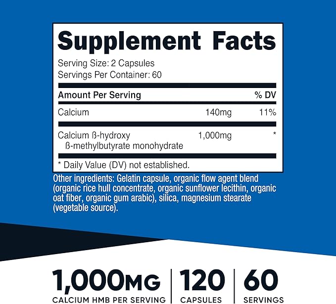 Nutricost HMB (Beta-Hydroxy Beta-Methylbutyrate) 1000mg (120 Capsules) - 500mg Per Capsule, 60 Servings - Gluten Free and Non-GMO